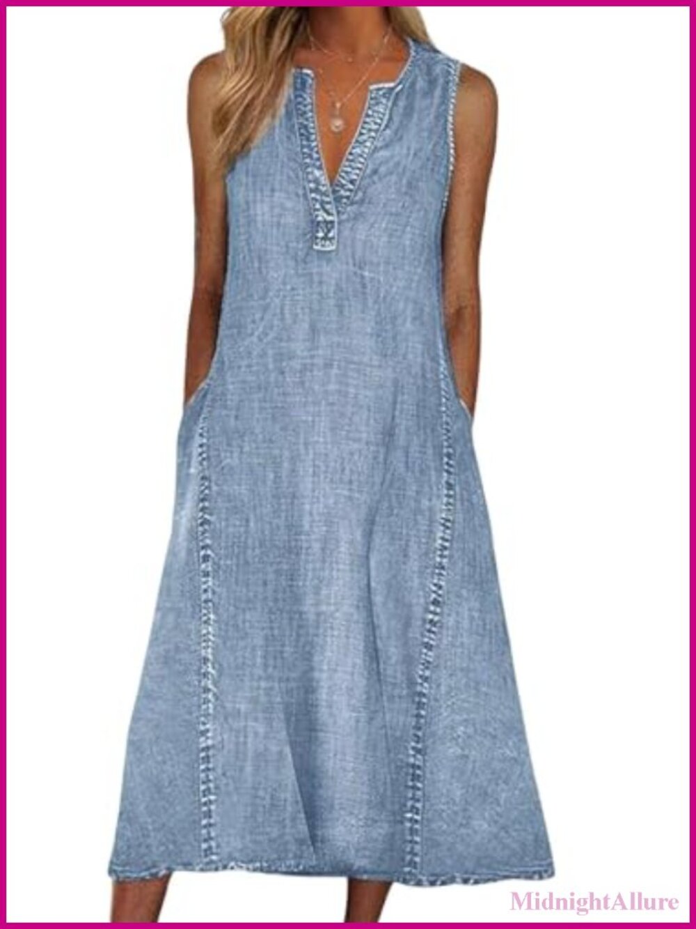 Sleeveless Denim Midi Dress, A-Line V-Neck Cotton Summer Dress with Pockets